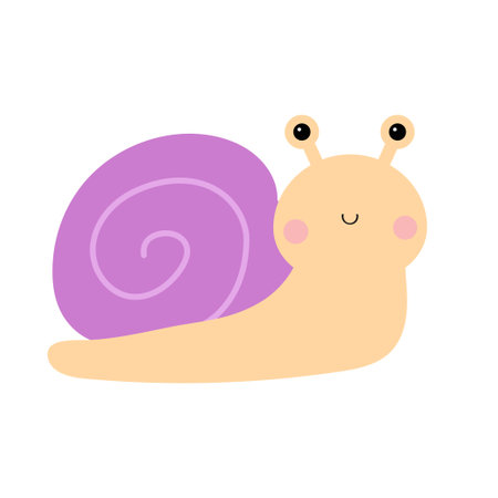 Snail cochlea icon. Purple violet shell house. Cute cartoon kawaii funny character. Insect bug isolated. big eyes. smiling face. flat design. baby clip art. white background. vector illustrationのイラスト素材