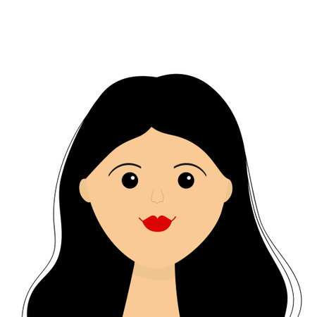 Portrait of woman. Young girl teen face. Beautiful lady female. brunette hairstyle. Black long hair. Avatar for social networks. Red lipstick makeup. flat design. White background Vector illustrationのイラスト素材