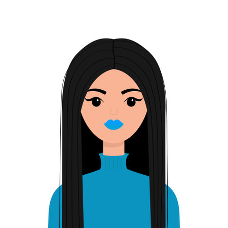 portrait of woman. young girl face. Beautiful lady female. front view. brunette hairstyle. long black hair. Avatar for social networks. Blue lipstick makeup. flat design. white background. vectorのイラスト素材