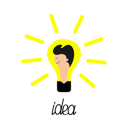 light bulb icon. man face profile. Guy face head. switch on lamp. shining effect. business success concept. Successful businessman idea concept. flat design. isolated. yellow background. Vectorのイラスト素材