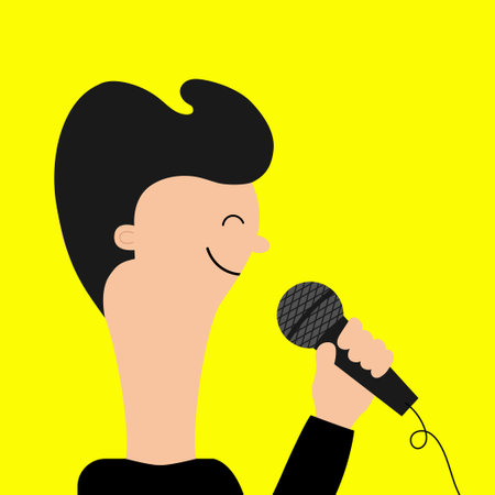 man face profile. hand holding microphone. Guy face head singing. Music karaoke party. news journalist. black hair. Curl hairstyle. Cute cartoon funny characters. flat design. yellow background. vectorのイラスト素材