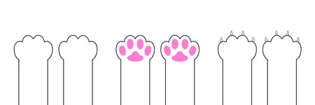 Cat dog paw print foot leg claws set. Kitten pink paws footprint icon. Cute cartoon character body part silhouette. baby pet collection. White outline sign symbol. flat design. White background Vectorのイラスト素材