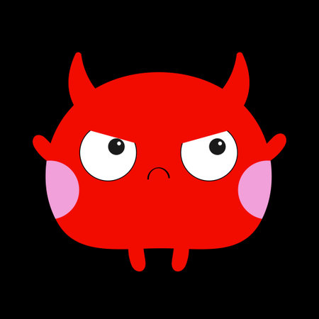 Cute monster silhouette. Happy Halloween. red animal. Funny kawaii cartoon baby character. Eyes, devil horns, pink cheeks. Boo. Angry face. sticker print. flat design. Black background. Vectorのイラスト素材