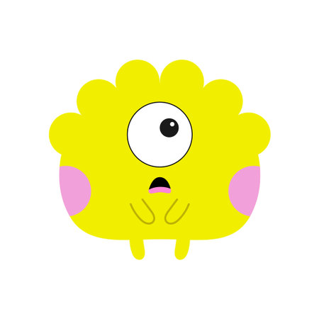 Cute monster silhouette. Happy Halloween. yellow animal. Funny kawaii cartoon baby character. One eye, horns, pink cheeks. Boo. offended face. sticker print. flat design. white background. vectorのイラスト素材