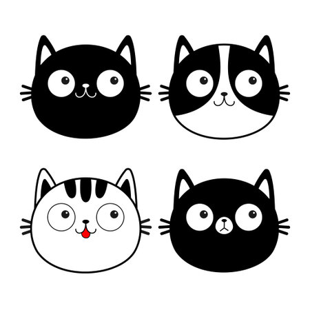White black cat face head line contour silhouette icon set. Cute cartoon funny characters. different emotions. Funny kawaii smiling sad doodle animal. pet collection. Flat design Baby background Vectorのイラスト素材