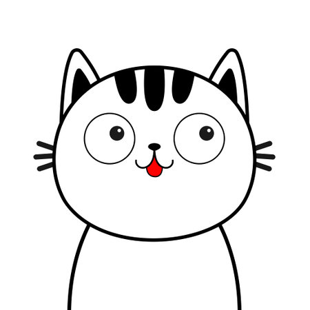 Black white cat head face striped line contour silhouette icon. Funny kawaii smiling doodle animal. Cute cartoon funny characters. pet collection. Flat design Baby background. vectorのイラスト素材