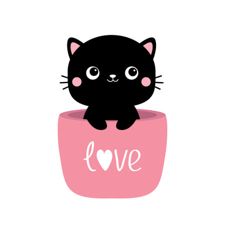 Cat in flower pot. holding paw hands. black silhouette. pink cheeks. Cute cartoon funny characters. Love Valentine's day card. baby pet animal. Sticker t-shirt print. flat design. White background Vectorのイラスト素材