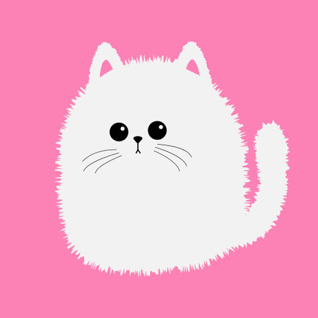 White fluffy cat icon. Face head body, plush tail. Kitten fat. cute cartoon character. Kawaii baby pet animal. Notebook cover, tshirt, greeting card print. flat design. pink background. Vectorのイラスト素材
