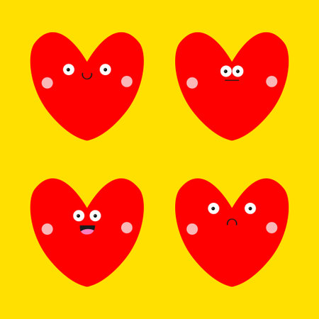 Red heart emoji icon set. Hearts with eyes, smiling sad face head. Happy Valentine's Day. Cute kawaii cartoon funny baby character. love sign symbol. greeting card. Flat design Yellow background Vectorのイラスト素材