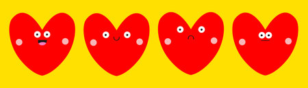 Hearts with eyes, smiling sad face head. Happy Valentine's Day. Red heart emoji icon set. Cute kawaii cartoon funny baby character. love sign symbol. greeting card. Flat design Yellow background Vectorのイラスト素材