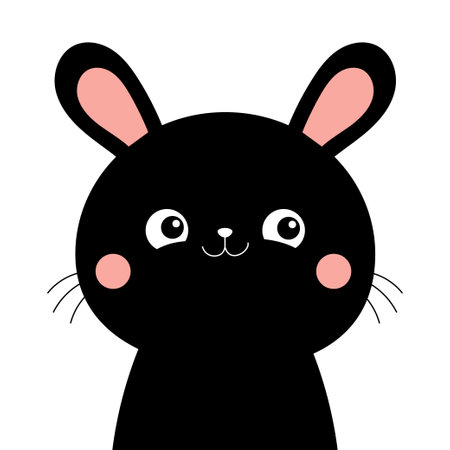Cute black bunny hare silhouette icon. pink cheeks. Cute kawaii cartoon character. Happy Easter Valentines Day. Greeting card tshirt notebook sticker print. white background. Flat design Vectorのイラスト素材