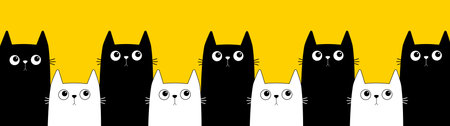 White black kitten pattern banner. Cat head face line set. Different size big small middle. Cat family. Cute cartoon funny characters. pet collection. flat design. Yellow background Vectorのイラスト素材