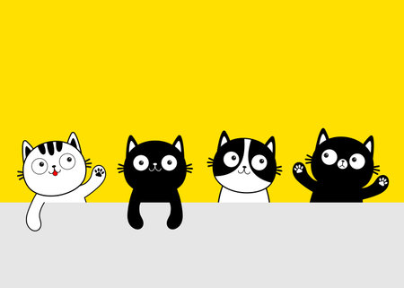 Cat head face line contour icon set. White black doodle kitten. Cute cartoon funny characters. Funny kawaii smiling sad pet animal. paw print. different emotions. Flat design Yellow background Vectorのイラスト素材