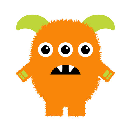 Fluffy monster standing. funny face head. Eyes, fangs. Happy Halloween. Cute kawaii cartoon colorful scary character. orange monsters. Funny baby collection. flat design. White background Vectorのイラスト素材