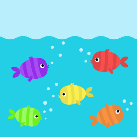 Fish set swim under water. Cute kawaii cartoon funny baby character. marine life. bubbles. Colorful aquarium sea ocean animals. kids collection. isolated. white background. flat design. Vectorのイラスト素材