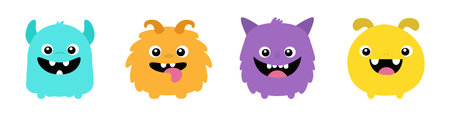 Happy Halloween. Monster set line. Cute head face. Four colorful monsters. Cartoon kawaii smiling...