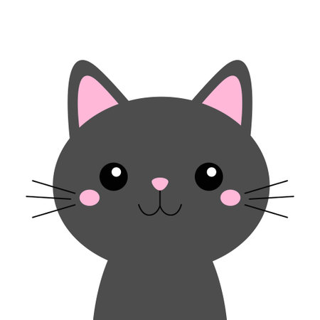 Gray cat head silhouette icon. Cute smiling kitten. Cartoon funny baby character. Funny kawaii animal. pet collection. sticker print. flat design. white background. isolated. vector illustrationのイラスト素材