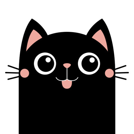 Black sad cat head face silhouette icon. Cute cartoon funny baby character. Pink ears, nose, tongue. Kawaii pet animal. Kitten with big eyes. sticker print. flat design. white background. vectorのイラスト素材