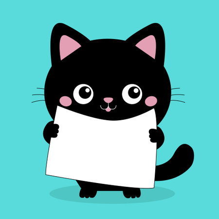 Black cat holding placard blank sign paper with paws. Web banner template. Kitten with big eyes. Cute cartoon funny baby character. Kawaii pet animal. flat design. blue background. isolated. vectorのイラスト素材