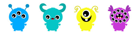 monster set line. Happy Halloween. Colorful silhouette monsters. Cartoon kawaii funny boo character. Cute face with horns, teeth, eyes. Childish baby collection. flat design. white background. vectorのイラスト素材