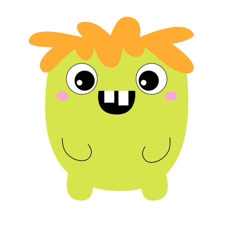 Monster. Happy Halloween. Cute head face with hair, teeth. Green silhouette monsters. Cartoon kawaii funny boo character. Childish baby collection. T-shirt design. white background. Flat design Vectorのイラスト素材