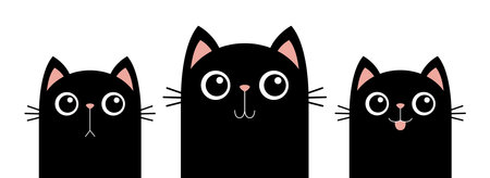 Three cat set line banner. Sad Happy Smiling black kitten face head. Funny Cute kawaii cartoon baby character. Happy Halloween. Notebook sticker print template. flat design. white background. vectorのイラスト素材