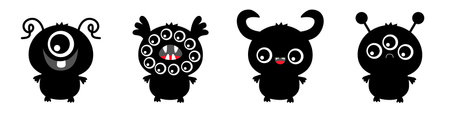 monster set line. Happy Halloween. Black silhouette monsters. Cartoon kawaii funny boo character. Cute face with horns, teeth, eyes. Childish baby collection. flat design. white background. vectorのイラスト素材