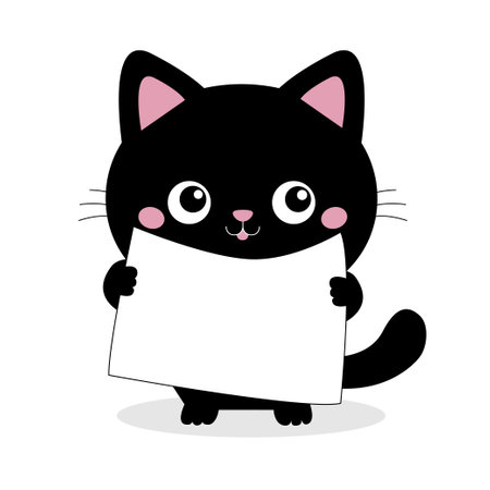 Black cat holding placard blank sign paper with paws. Web banner template. Kitten with big eyes. Kawaii pet animal. Cute cartoon funny baby character. Flat design. White background. Isolated. Vectorのイラスト素材