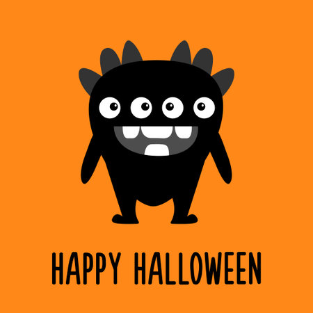 Happy Halloween. Cute monster. Head face with tooth fan. Black silhouette monsters. Cartoon kawaii funny boo character. Childish baby collection. T-shirt design. Orange background. Flat design Vectorのイラスト素材