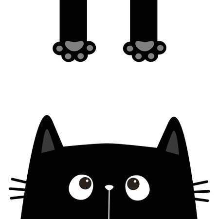 Peeking cat face head silhouette icon. Black kitten. Pink paw print leg. Funny kawaii doodle animal. Cute cartoon funny baby pet character. Sticker print. Flat design. White background. Vectorのイラスト素材