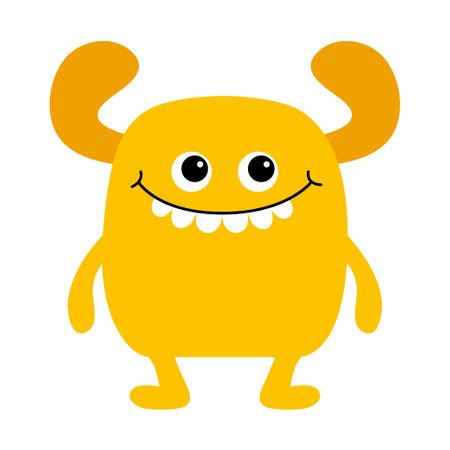 Cute monster. Happy Halloween. Orange silhouette monsters. Funny smiling face head with teeth, horns. Cartoon kawaii funny kids boo character. Baby T-shirt design. White background. Flat design Vectorのイラスト素材