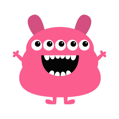Funny monster. Happy Halloween. Cute smiling face head with bunny ears. Pink silhouette monsters. Cartoon kawaii funny kids boo character. Baby T-shirt design. White background. Flat design. Vectorのイラスト素材