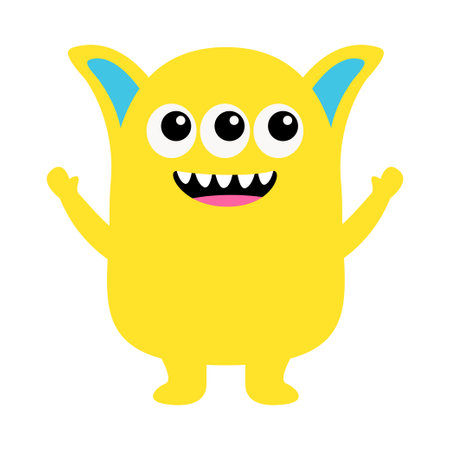 Happy Halloween. Monster yellow silhouette head face icon. Eyes, tongue, tooth fang, ears, hands up. Cute cartoon kawaii scary funny smiling baby character. Flat design. White background. Vectorのイラスト素材
