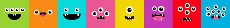Happy Halloween. Cute monster face head set line banner. Nine square monsters. Spooky Smiling Boo...