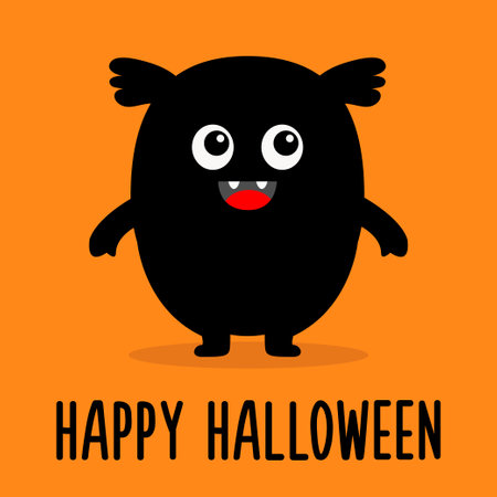 Happy Halloween. Monster black silhouette head face icon. Cute cartoon kawaii scary funny smiling baby character. Eyes, tongue, tooth fang, ears, hands. Flat design. Orange background. Isolated Vectorのイラスト素材