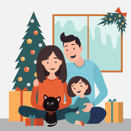 Happy family celebrating Christmas. Parents sitting with girl daughter kid on the floor. Christmas tree, gift box presents, black cat with bow. Window with snow. Flat design. White background. Vectorのイラスト素材