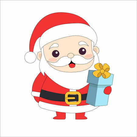 Santa Claus holding gift box present with bow. Merry Christmas. Red hat, costume, beard, belt. Cute cartoon kawaii character. Contour line. New Year Greeting card. Blue background. Flat design. Vectorのイラスト素材