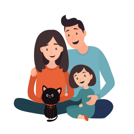 Happy young family. Parents sitting with girl daughter kid on the floor. Woman, man and child, animal pet smiling. Cute cartoon character set. Flat design. White background. Isolated. Vectorのイラスト素材