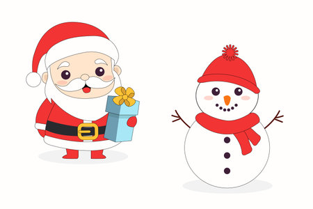 Santa Claus and Snowman. Merry Christmas icon set. Cute cartoon kawaii funny smiling baby character. Hands up. Gift box present with bow. Greeting card. Flat design. White background. Isolated. Vectorのイラスト素材