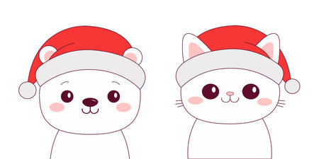 Merry Christmas bear, cat set. Red Santa Claus hat. White polar bear, kitten. Contour line doodle pet. Smiling face. Kawaii animal. Cute cartoon funny character. Flat design. White background. Vectorのイラスト素材