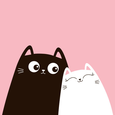 Black and white cat set. Love couple hugging kittens. Cute cartoon funny kitty character. Kawaii...