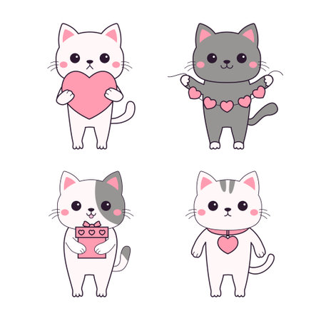 Cat kitten kitty set. Happy Valentines Day. Contour line doodle. Pink heart, gift box, garland, locket. Funny face. Cute cartoon kawaii animal character. Flat design. Love card White background Vectorのイラスト素材