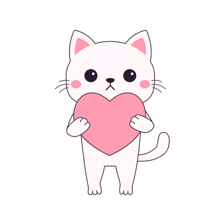 White cat kitten kitty holding pink heart. Funny head face. Contour line doodle. Happy Valentines Day. Cute cartoon kawaii animal character. Flat design. Love card. White background. Isolated. Vectorのイラスト素材