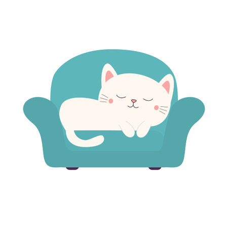 Cat sleeping on sofa chair. White kitten relaxing on cozy armchair in living room. Blue soft furniture. Cute cartoon kawaii animal character. Funny face. Flat design. White background Isolated. Vectorのイラスト素材