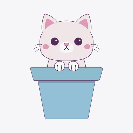 Cat in flower pot. Holding paw hands. White silhouette. Pink cheeks. Contour line doodle. Cute cartoon funny character. Baby pet animal. Sticker tshirt print. White background. Flat design. Vectorのイラスト素材
