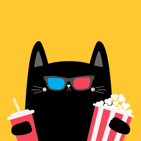 Cat holding popcorn, soda glass. Cute cartoon funny character. Black kitty. Cinema theater. 3d glasses Film show. Kitten watching movie. Yellow background. Flat design. Vector illustrationのイラスト素材