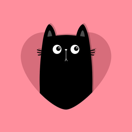 Cat peeks out of a heart hole. Happy Valentines day. Kitten in heart. Black kitty kitten silhouette. Cute cartoon kawaii funny baby character. Sad face. Pink background. Flat design. Isolated. Vectorのイラスト素材