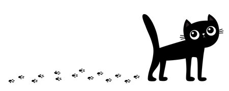 Cat walks. Black kitten with big eyes. Paw print track. Footpath trail silhouette. Footprint set. Cute cartoon kawaii funny baby character. Pet animal. White background. Isolated. Flat design. Vectorのイラスト素材
