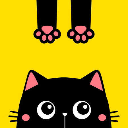 Peeking black cat kitten face head silhouette icon. Pink paw print leg. Cute cartoon funny baby pet character. Funny kawaii doodle animal.Sticker print. Flat design. Yellow background. Vectorのイラスト素材