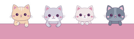 Cat set hanging on paper. Funny Kawaii pet animal. Kitten with holding hands. Paw print on the table. Line contour silhouette. . Cute cartoon doodle baby character. Flat design. Pink background Vectorのイラスト素材